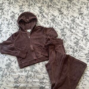 Aerie Brown Velour Zip Up and Pants Lounge Set